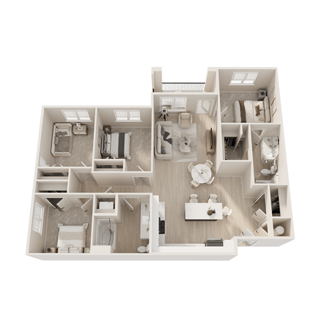 Floor plan for 4 beds, 2 baths, 1342 sqft